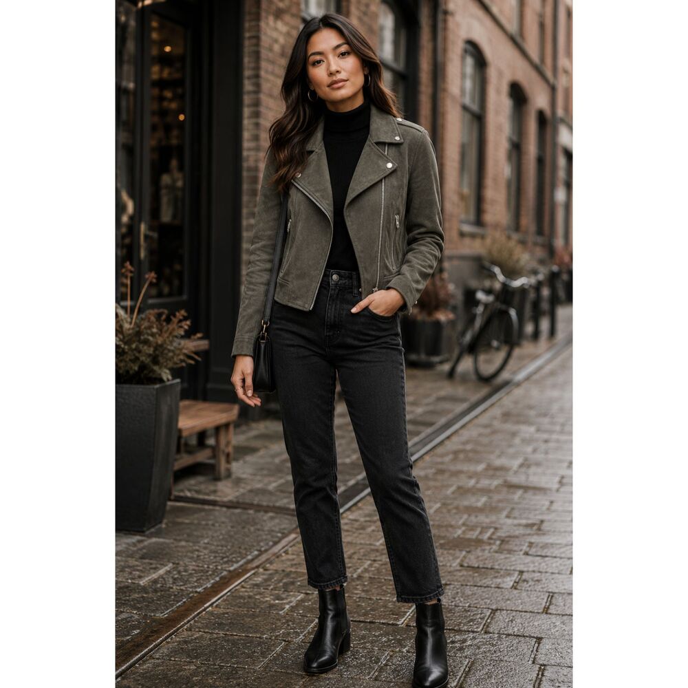 BB Dakota Steve Madden Faux Suede Moto Jacket Women's Medium Olive Green
